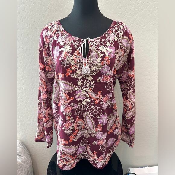 EDDIE BAUER Floral Paisley Embroidered Burgundy Boho Peasant Tunic Cotton Large - Picture 2 of 7